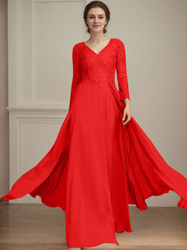 A-Linien V-Ausschnitt Bodenlanges Spitzen-Chiffon Kleid für die Brautmutter mit Pailletten