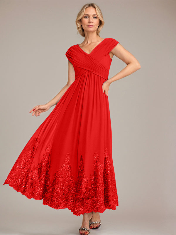 A-Linien V-Ausschnitt Knöchellanges Chiffon Kleid der Brautmutter mit Applikationen und Pailletten