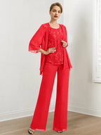 Chiffon Hosenanzüge für die Brautmutter mit Pailletten und Jacke