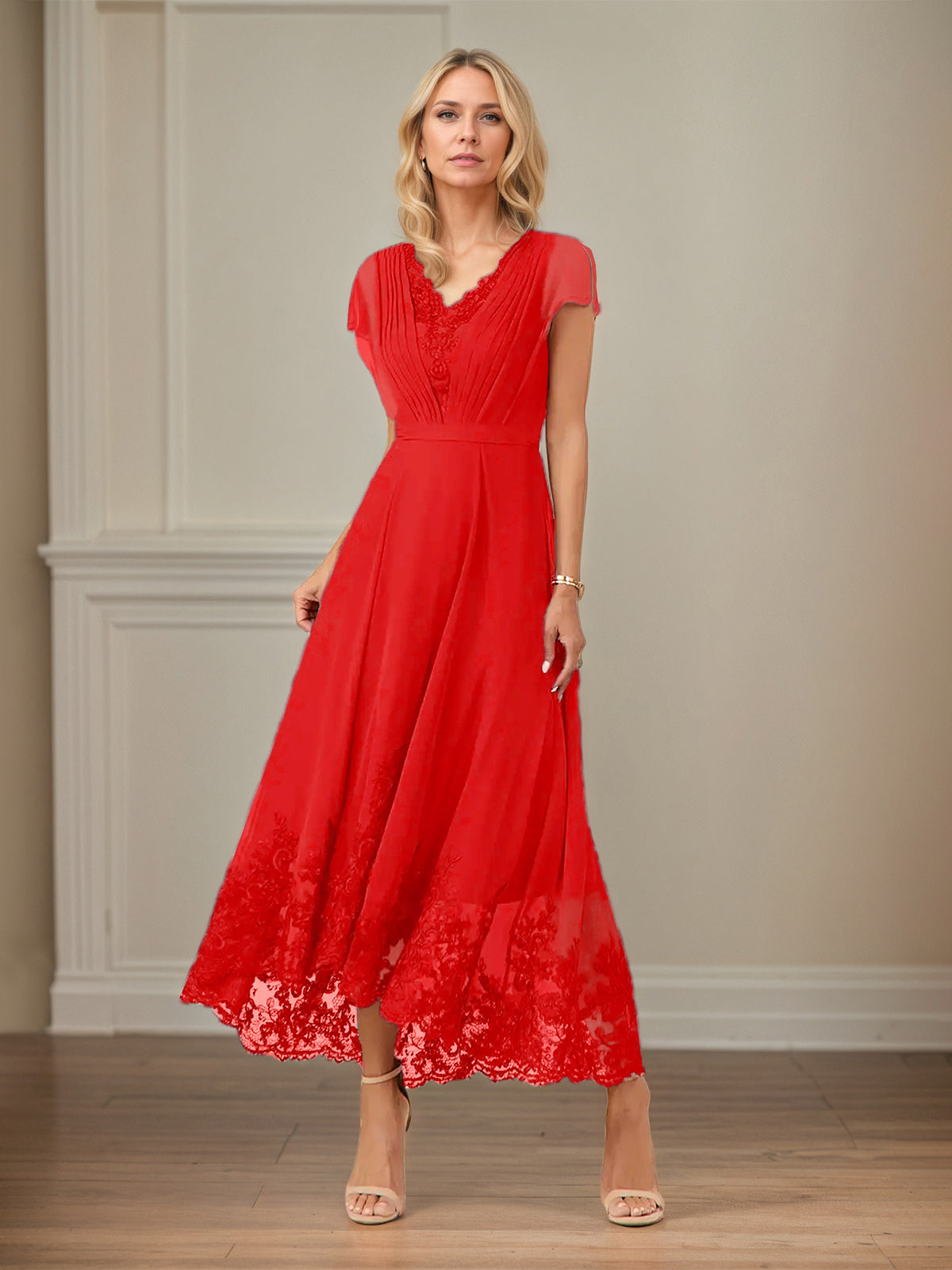 A-Linien Chiffon Kleid mit V-Ausschnitt, flatternden Ärmeln, knöchellang mit Applikationen