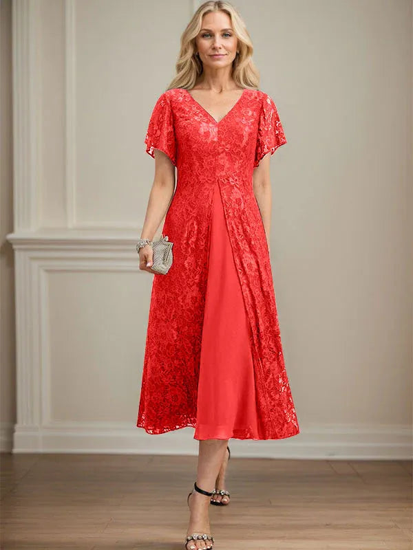 Robe mère de la mariée ligne A en dentelle et mousseline à col en V longueur thé