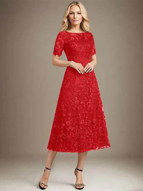 A-Linien Rundhals Illusions-Tea-Length Spitzenkleid der Brautmutter mit Pailletten