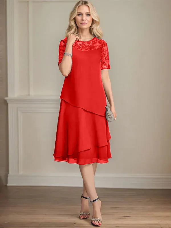 A-Linien Rundhals Illusions-Knie-Länge Spitzen-Chiffon Kleid für die Brautmutter mit Pailletten