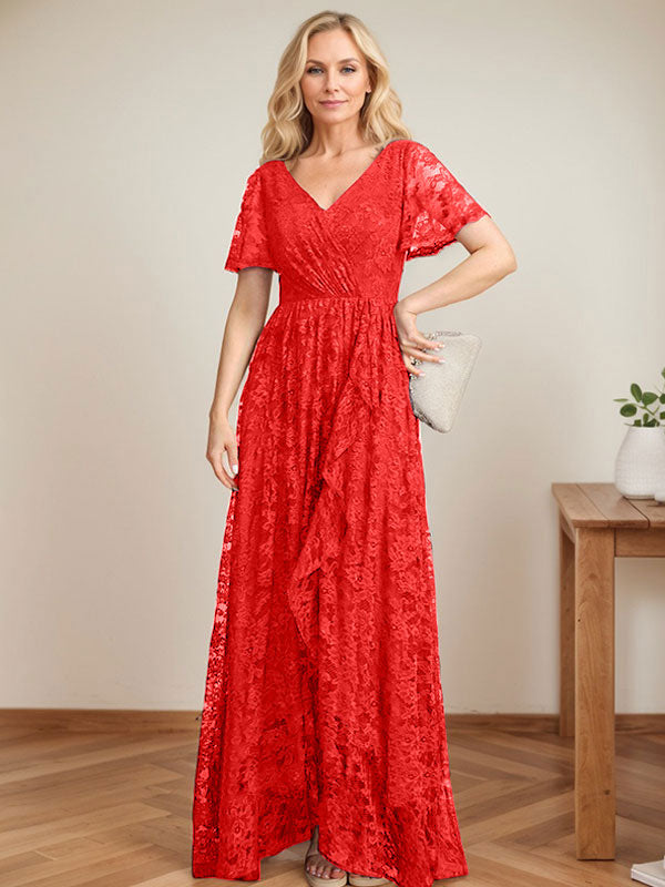 A-Linien Spitzen-Mutter-der-Braut-Kleid mit V-Ausschnitt, asymmetrisch und mit kaskadierenden Rüschen