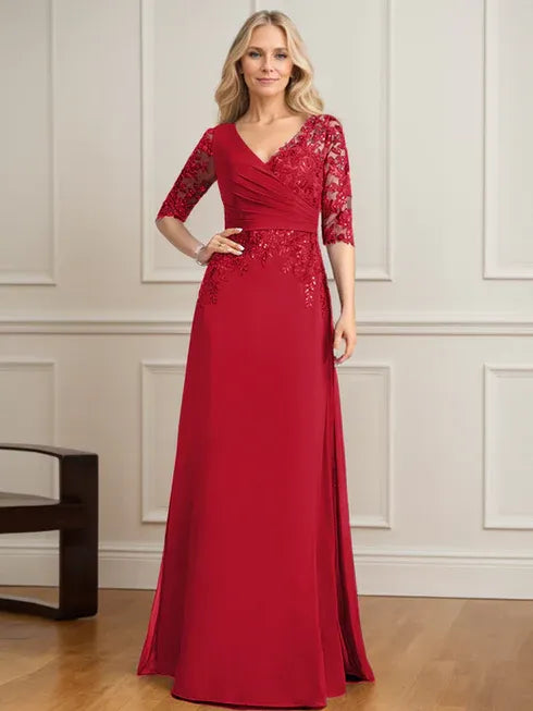 A-Linien V-Ausschnitt bodenlanges Spitzen-Chiffon Kleid der Brautmutter mit plissierten Pailletten