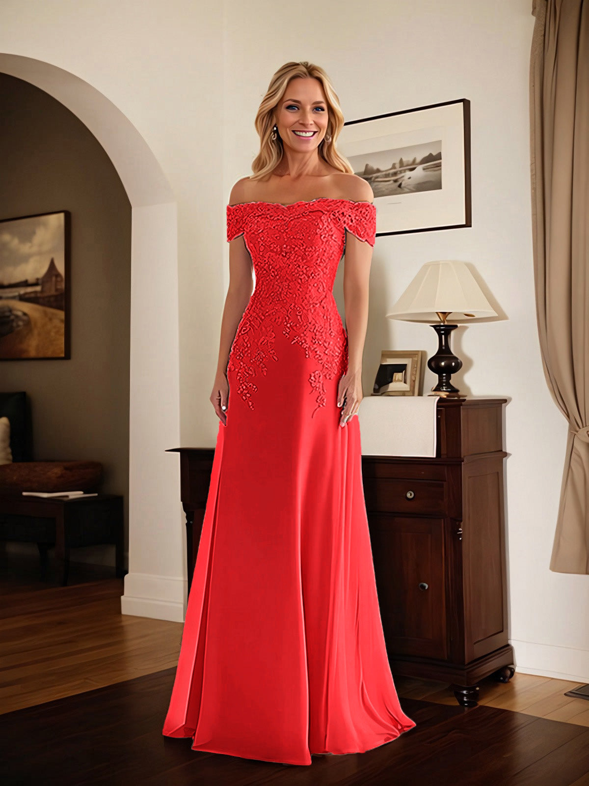 Elegantes taupefarbenes schulterfreies Etuikleid Mutter der Braut Kleid mit Spitze