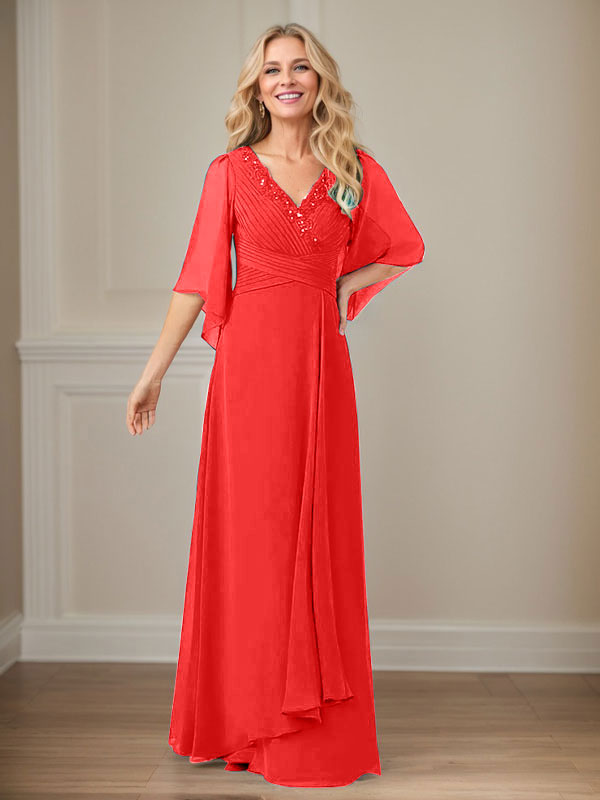 A-Linien V-Ausschnitt langes Pailletten-Chiffon Mutterkleid