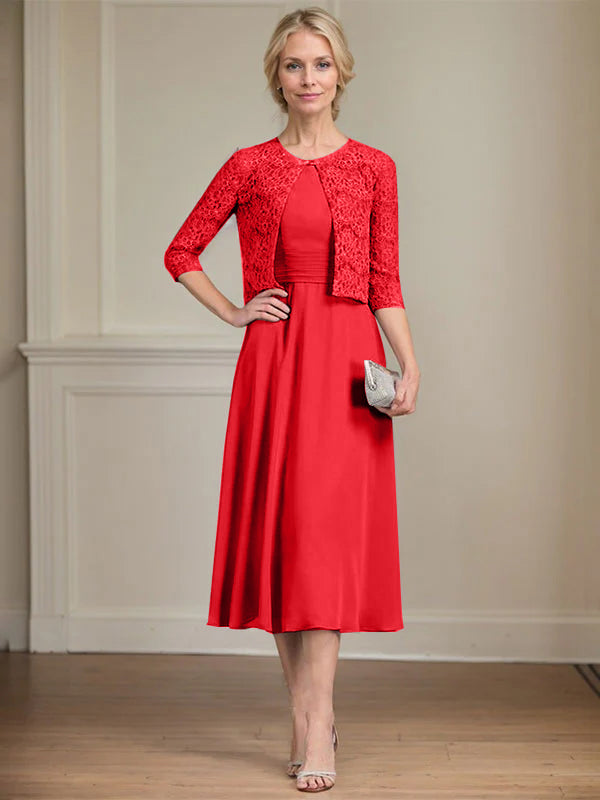 A-Linien Rundhals Tee-Länge Chiffon Kleid für die Mutter der Braut mit Falten