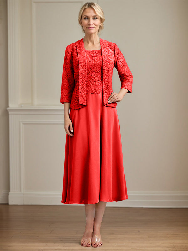 A-Linien Kleid mit Rundhalsausschnitt, tea-länge, Spitze und Chiffon, Mutter der Braut Kleid