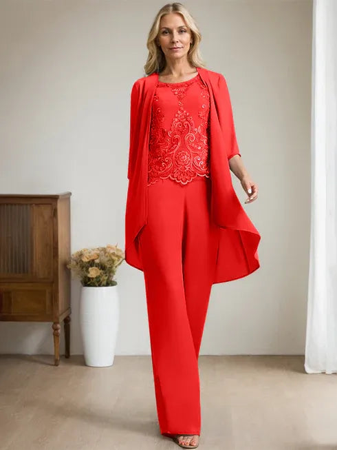 Zweiteiler Jumpsuit/Hosenanzug mit Rundhalsausschnitt, bodenlanges Chiffon-Spitzenkleid für die Mutter der Braut mit Perlen und Pailletten