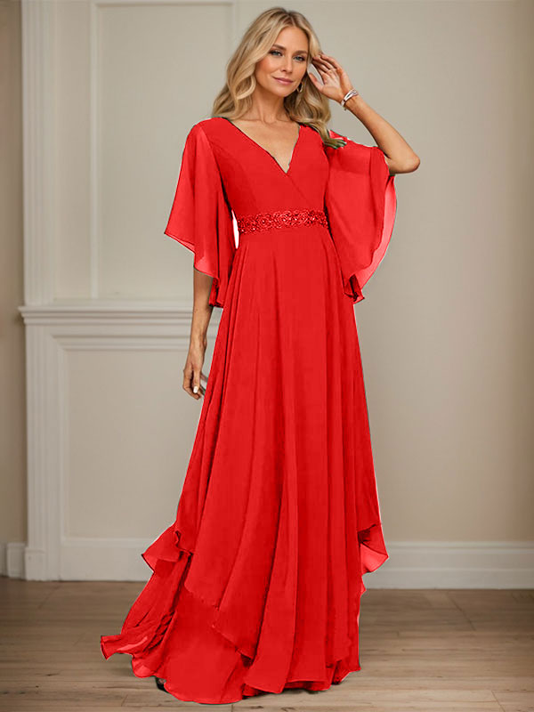 A-Linien V-Ausschnitt bodenlanges Chiffon-Mutter-der-Braut-Kleid mit Pailletten-Applikationen, Spitze und Perlen