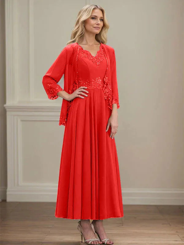 A-Linien Kleid mit V-Ausschnitt, knöchellang, aus Chiffon, Mutter der Braut Kleid mit Pailletten, Applikationen, Spitze und Perlenbesatz