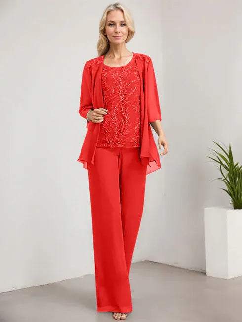 Zweiteiler Jumpsuit/Hosenanzug U-Ausschnitt bodenlanges Spitzen Chiffon Mutter der Braut Kleid mit Pailletten