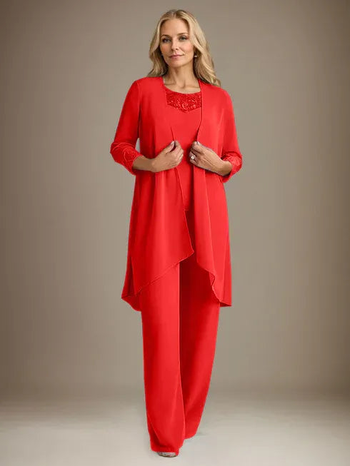 Chiffon Kleid mit Rundhalsausschnitt und langen Ärmeln, Mutter-der-Braut Hosenanzug mit Jacke