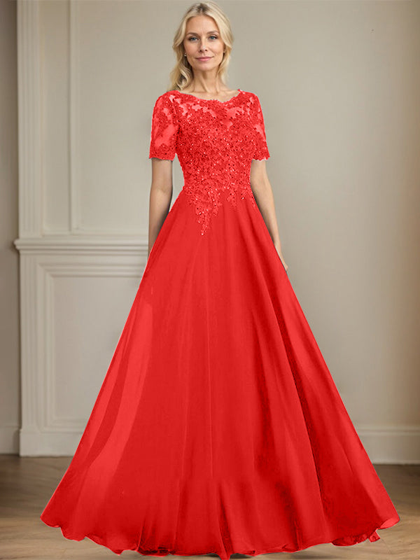 A-Linien Rundhals Illusions-Bodenlanges Chiffon-Spitzenkleid für die Mutter der Braut mit Pailletten und Perlen