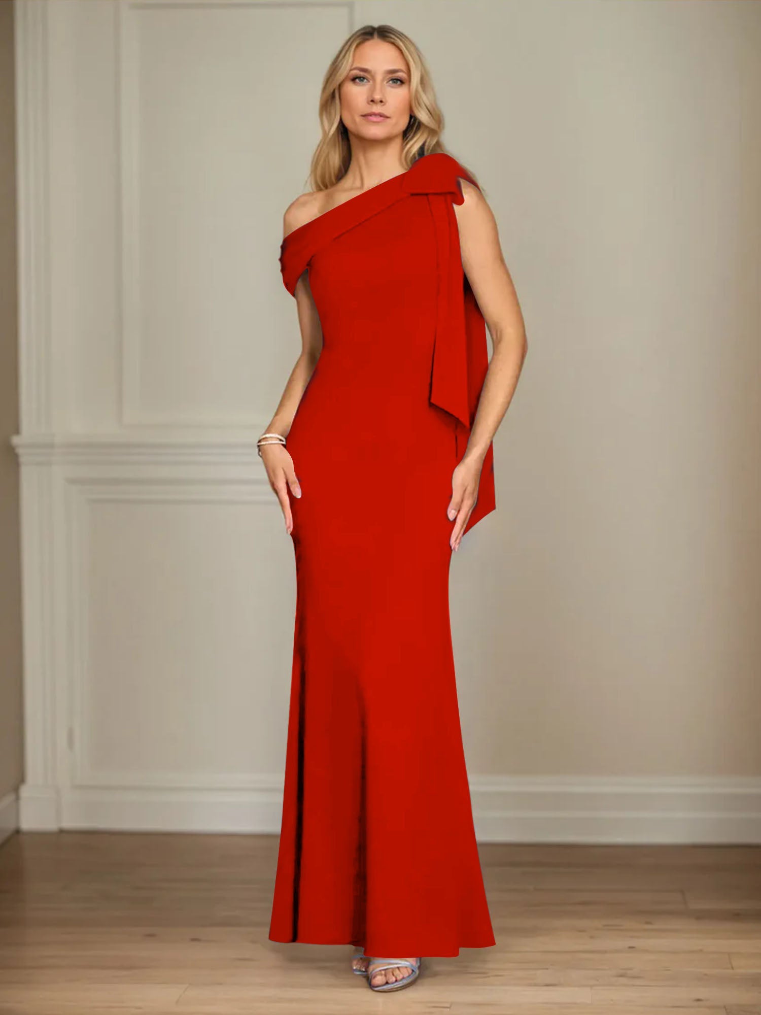 Trumpet/Mermaid Ein-Schulter Ärmelloses Stretch-Crêpe Kleid für die Brautmutter mit Schleife