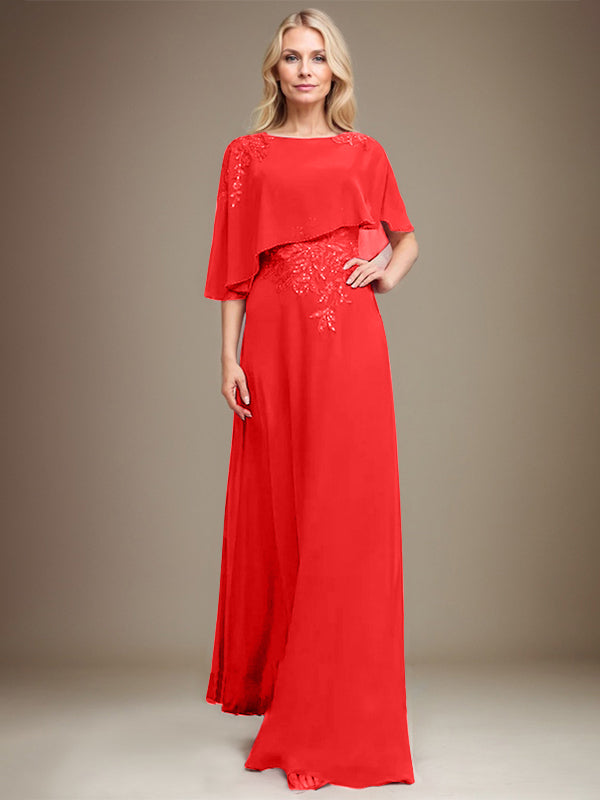A-Linie Rundhals Bodenlanges Chiffon-Spitzenkleid für die Brautmutter mit Pailletten und Perlen