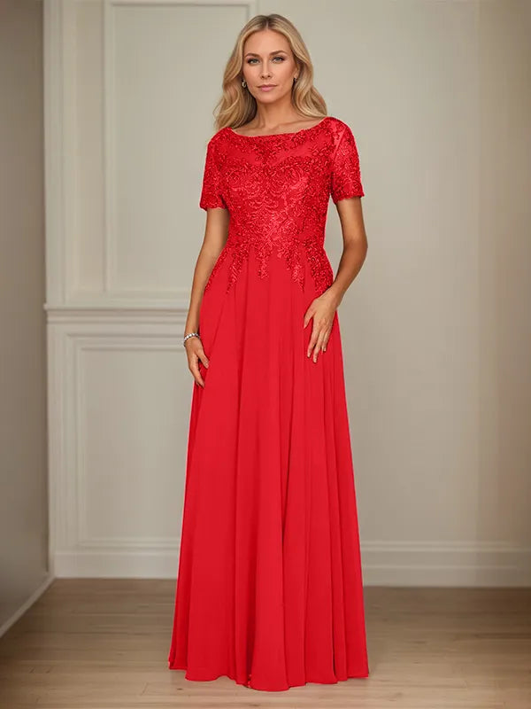A Line Chiffon Boat Neck Short Sleeves Floor Length Mother of the Bride Dresses