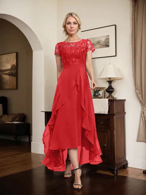 Robe mère de la mariée en chiffon et dentelle, ligne A, encolure dégagée illusion, asymétrique, avec nœud, volants et sequins