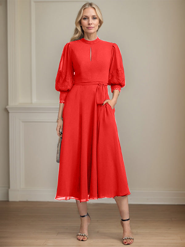 A-Linien Kleid mit hohem Kragen, tea-länge, Spitze und Chiffon, Brautmutterkleid mit Schleife