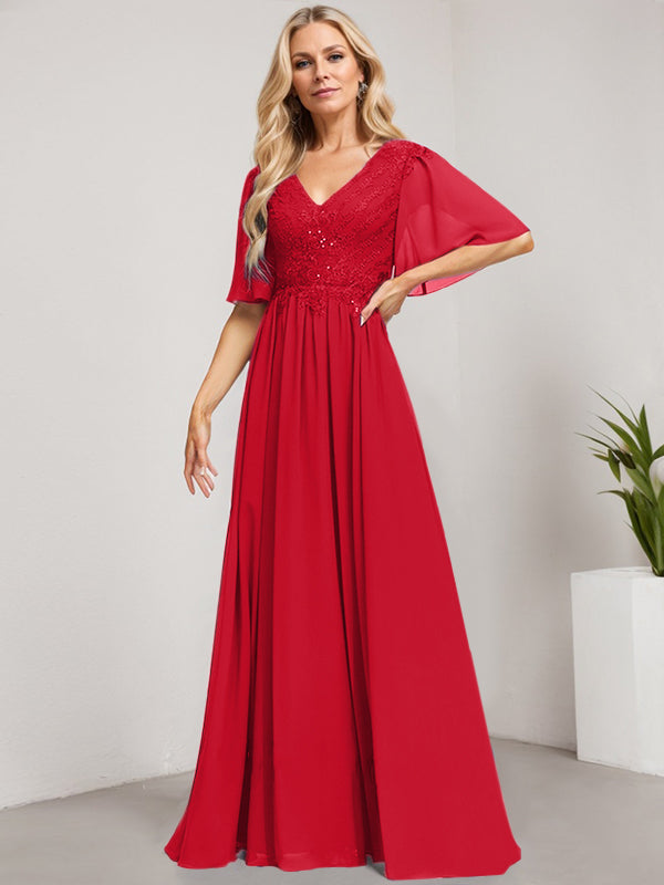 Robe mère de la mariée ligne A col en V longue en dentelle et chiffon avec sequins