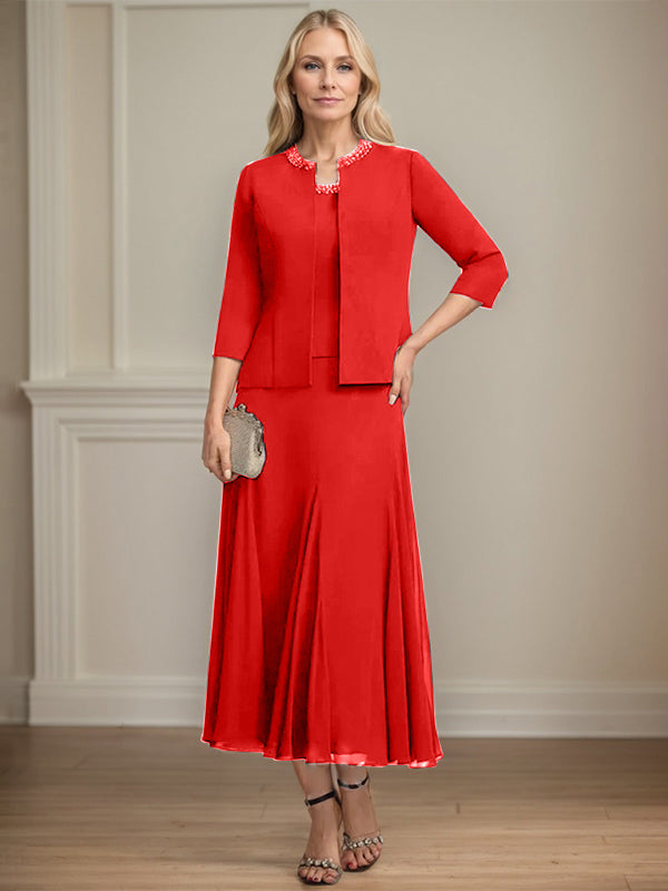 Separates A-Linien Chiffonkleid mit Rundhalsausschnitt, tea-length, Mutter der Braut mit Pailletten und Perlen