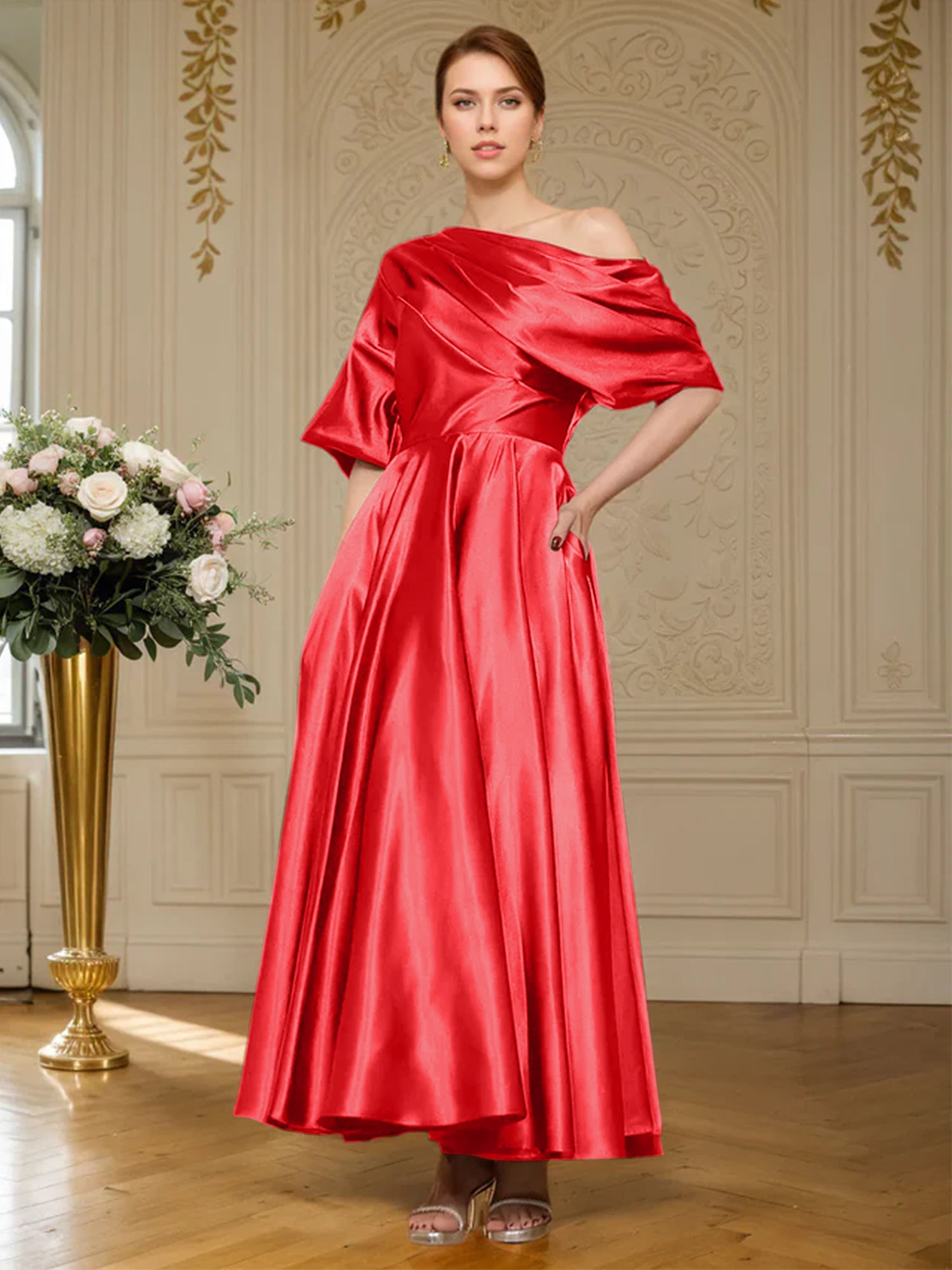 A-Linien Kurzarm plissiertes knöchellanges seidenähnliches Satin Kleid für die Brautmutter