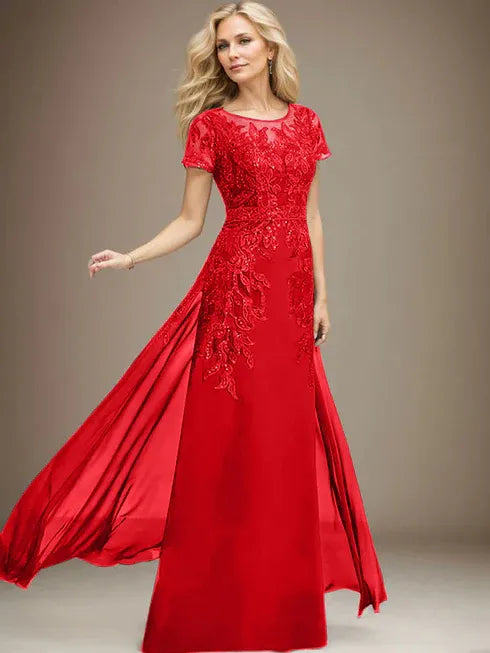 Etui/Säulen Rundhals Illusionsbodenlanges Spitzen-Chiffonkleid für die Brautmutter mit Pailletten