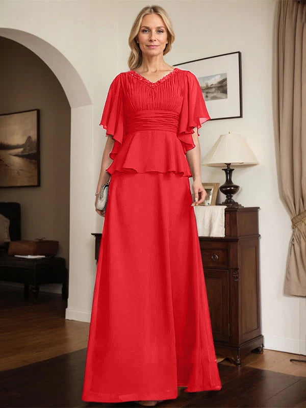 A-Linien Chiffon-Mutter-der-Braut-Kleid mit V-Ausschnitt, bodenlang, plissierte Perlenverzierung