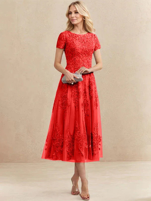 Robe de mère de la mariée A-line en tulle et dentelle, col arrondi, longueur thé