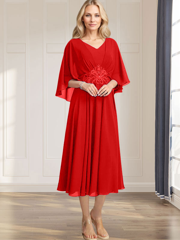 Robe de mère de la mariée en mousseline, longueur thé, col en V, en ligne A, avec appliques plissées, sequins, dentelle et perles