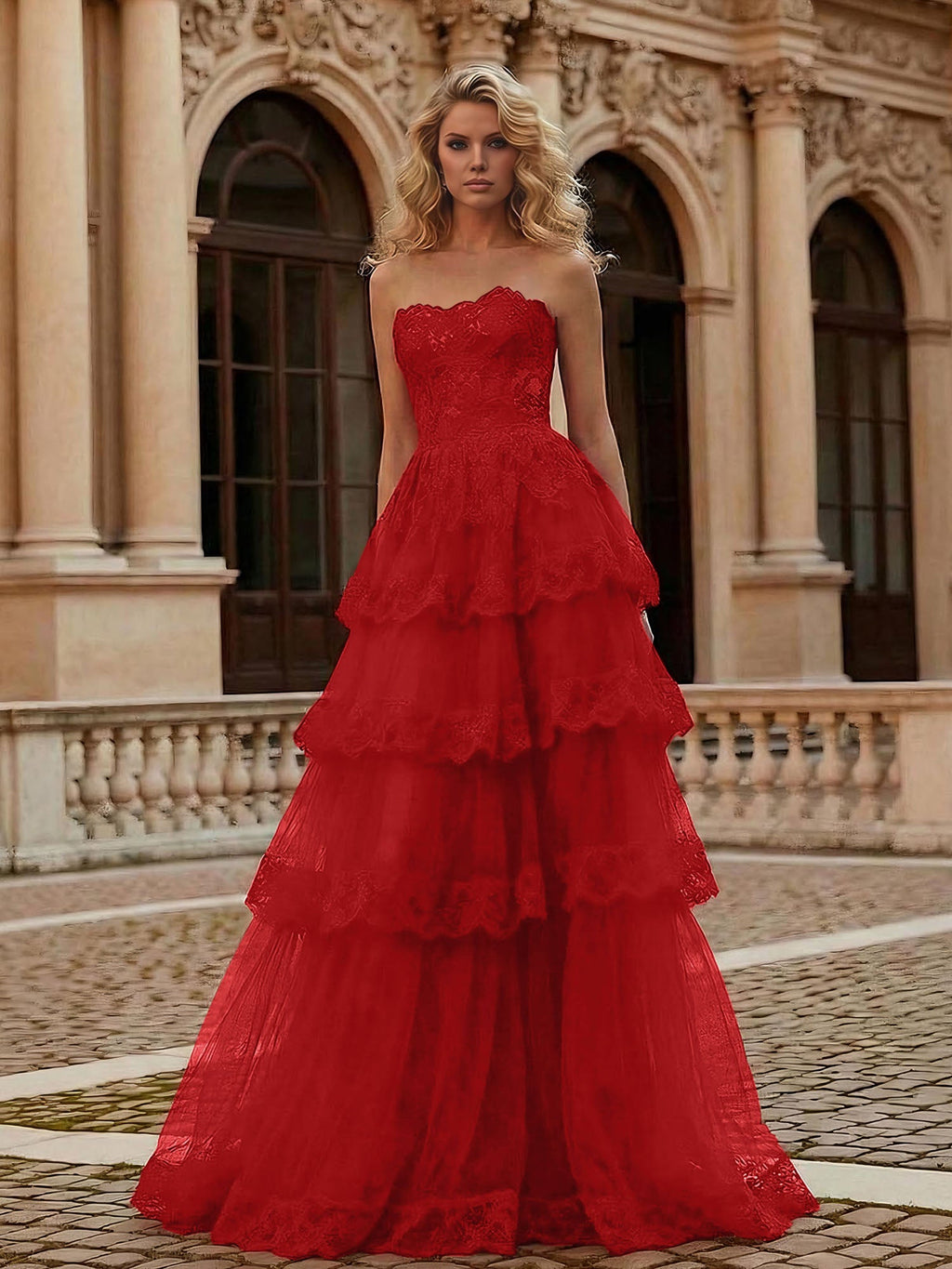 Vestido longo de baile tomara que caia com corpete de renda em camadas e saia de tule vermelha corte evasê