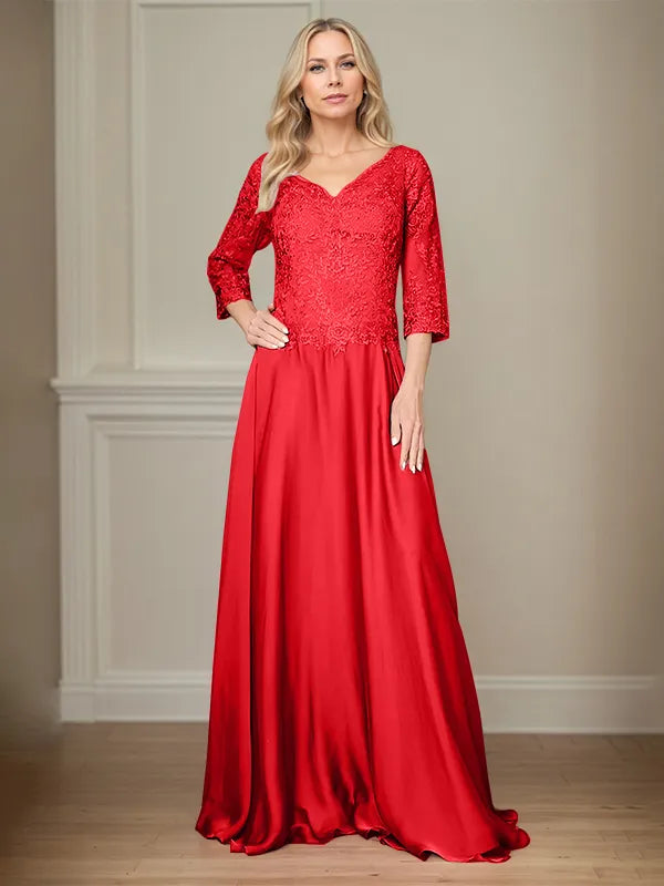 A Line Chiffon V Neck 3/4 Sleeves Floor-Length Mother Of The Bride Dress With Appliques