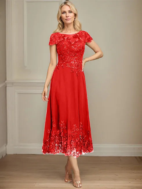 A-Linien Illusions Rundhals tea-langes Spitzenchiffon Mutter der Braut Kleid mit Pailletten