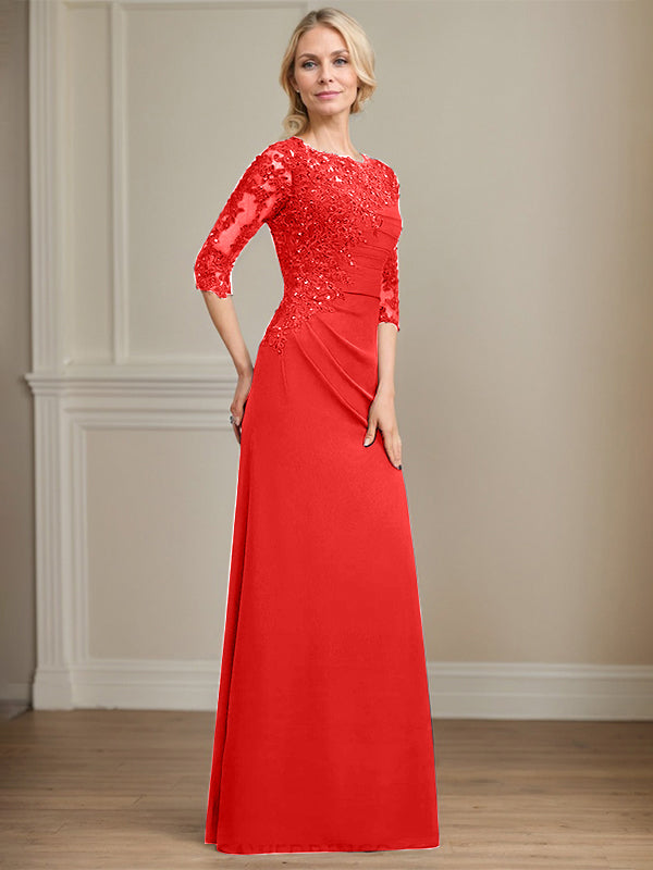 A-Linie Rundhals bodenlanges Chiffon Spitzen Brautmutterkleid mit Perlen Falten Pailletten
