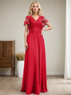 A-Linien V-Ausschnitt Bodenlanges Spitzen-Chiffon Kleid für die Brautmutter mit Pailletten
