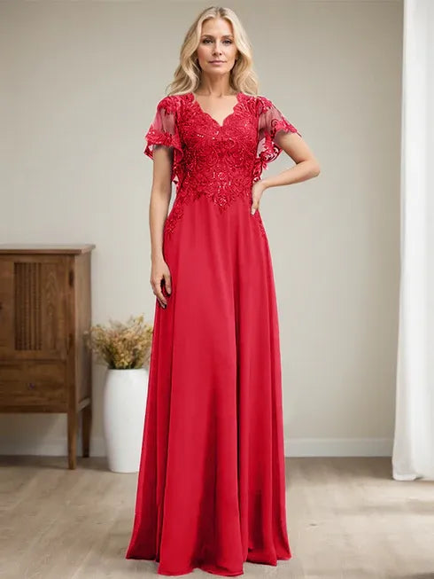 Robe mère de la mariée ligne A col en V longue en dentelle et chiffon avec sequins