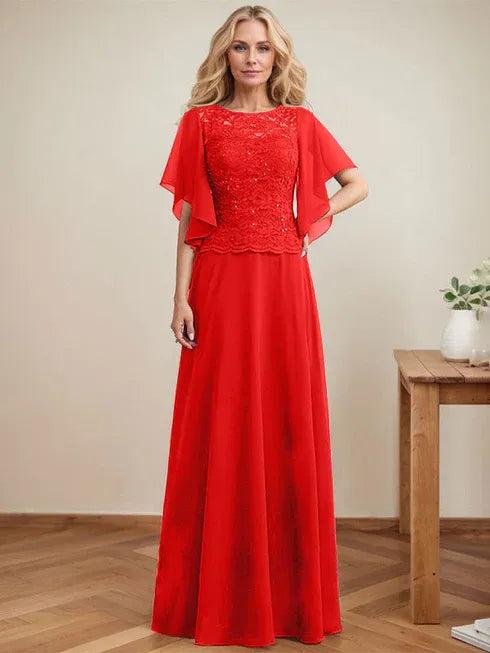 A-Linien Rundhals Illusions-Bodenlanges Spitzen-Chiffon Mutter-der-Braut-Kleid mit Pailletten