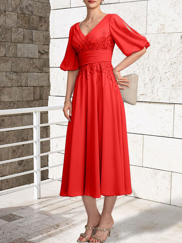 A-Linien Mutterkleid mit V-Ausschnitt, tea-length, Spitze und Chiffon mit Falten
