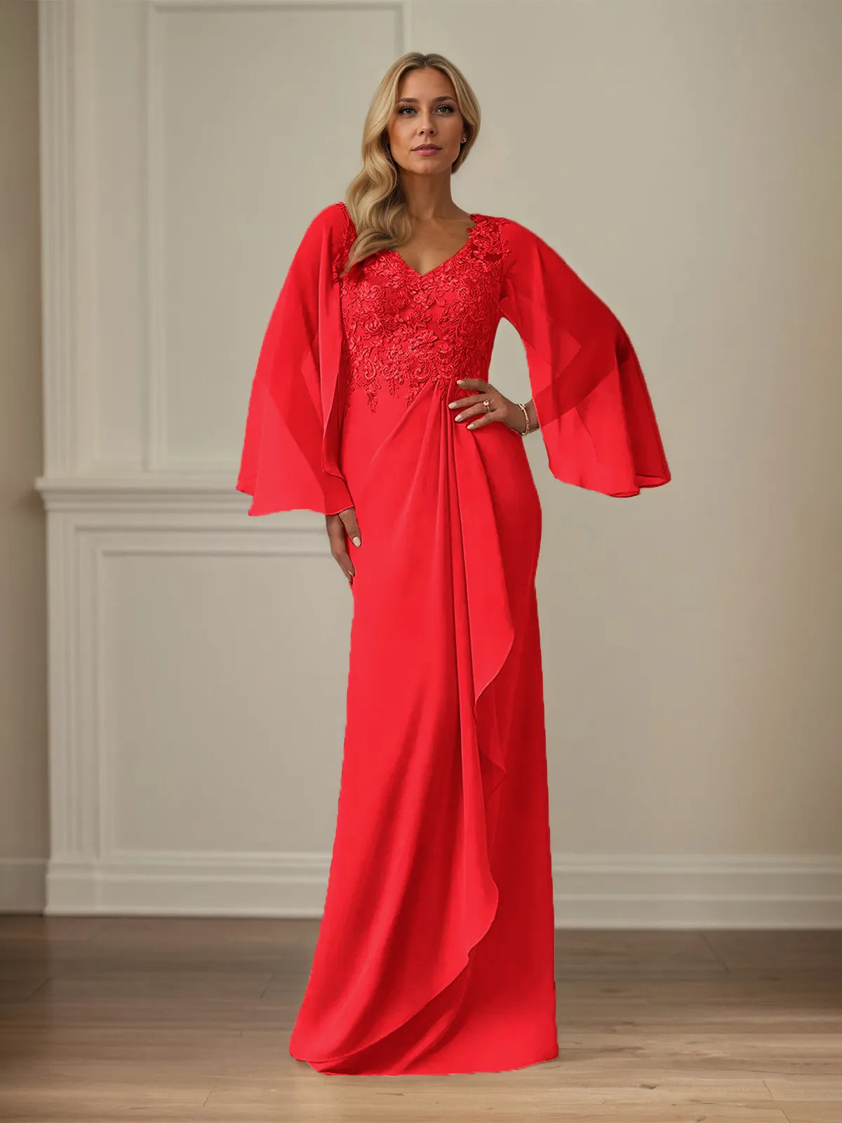 Etui/Kolumnen Chiffon V-Ausschnitt Langarm Bodenlanges Brautmutterkleid mit Applikationen