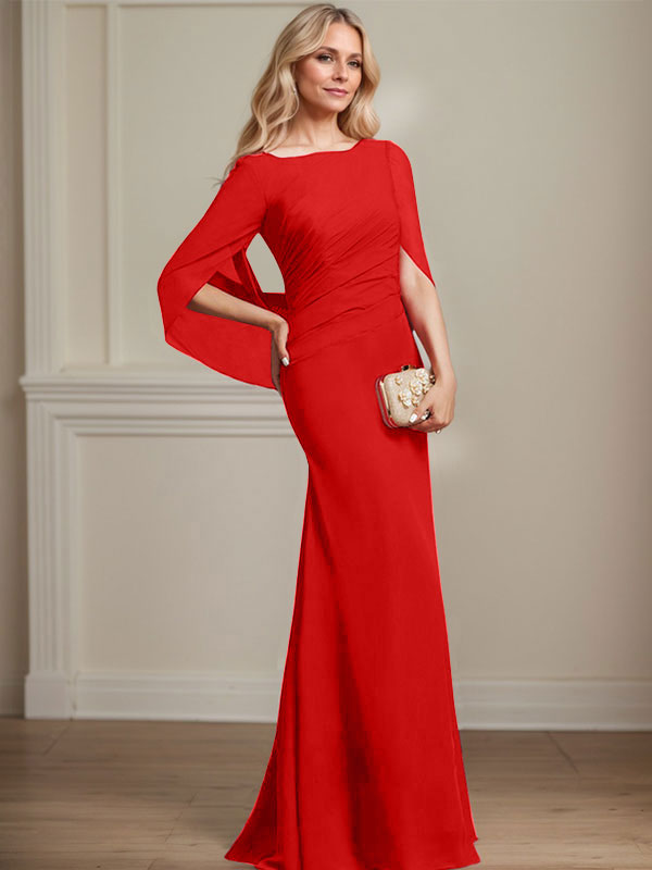 Trompeten-/Meerjungfrauen-Chiffonkleid mit Bootsausschnitt, bodenlang, plissiert, Brautmutterkleid