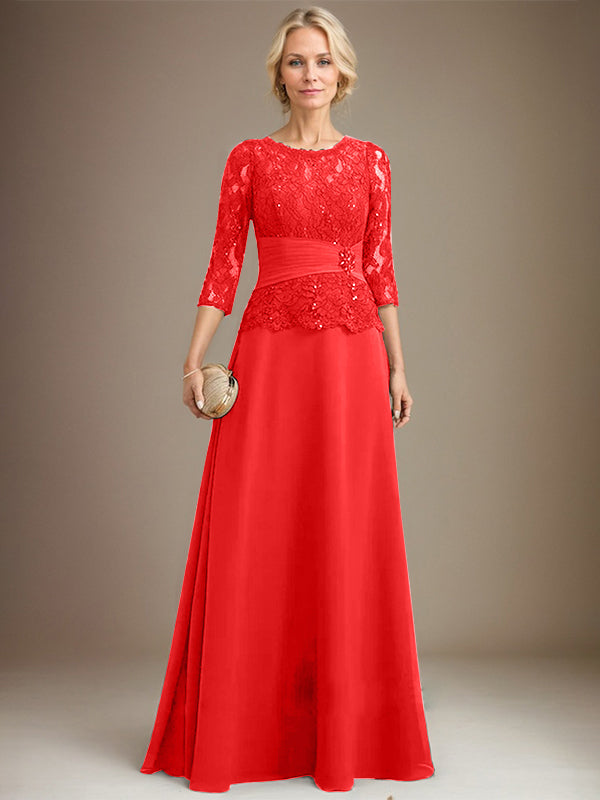 A-Linien Kleid mit Scoop-Ausschnitt, Illusion, bodenlangem Chiffon und Spitze, Mutter-der-Braut-Kleid mit plissierten Pailletten und Perlenbesatz
