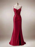 Robe de bal sirène rouge à bretelles spaghetti avec corset et fente