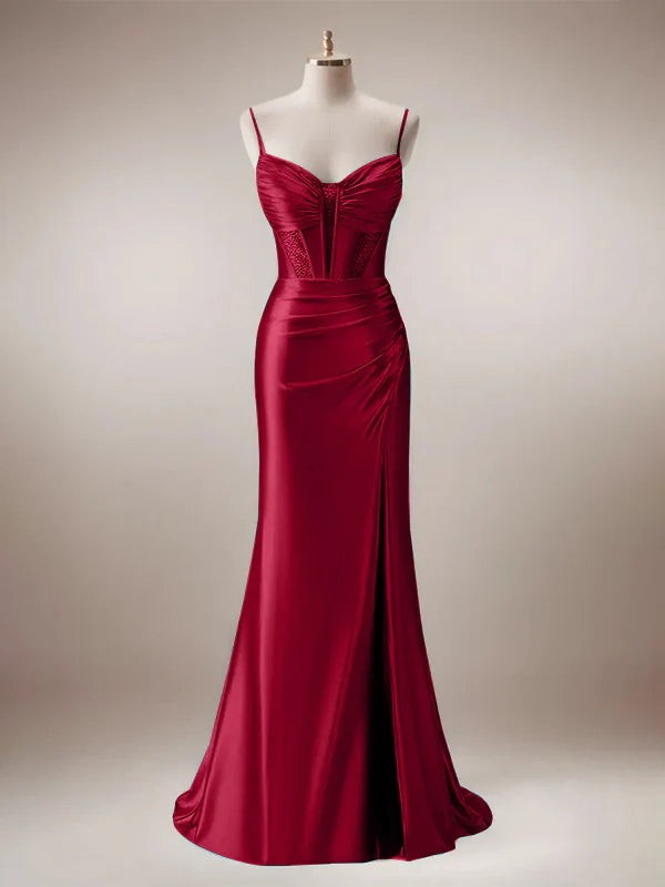 Robe de bal sirène rouge à bretelles spaghetti avec corset et fente