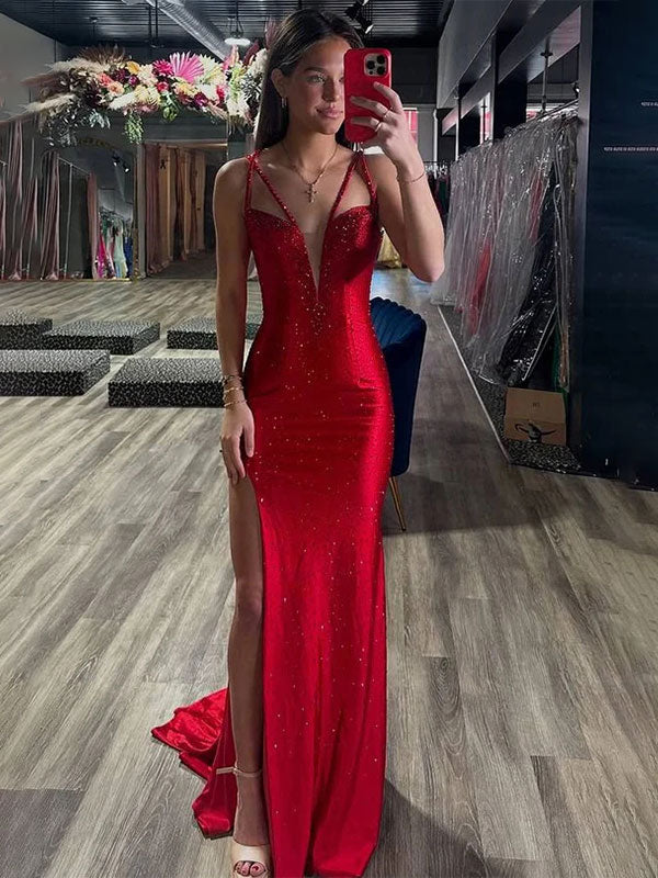Robe de bal rouge sirène longue à col en V ornée de strass avec fente