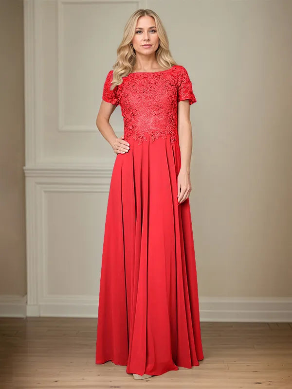 A Line Chiffon Boat Neck Short Sleeves Floor Length Pleated Mother of the Bride Dresses