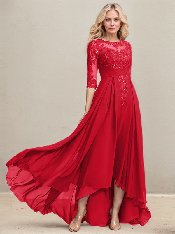A-Linien Ausschnitt Illusions Asymmetrisches Spitzen-Chiffon Kleid für die Mutter der Braut mit plissierten Pailletten