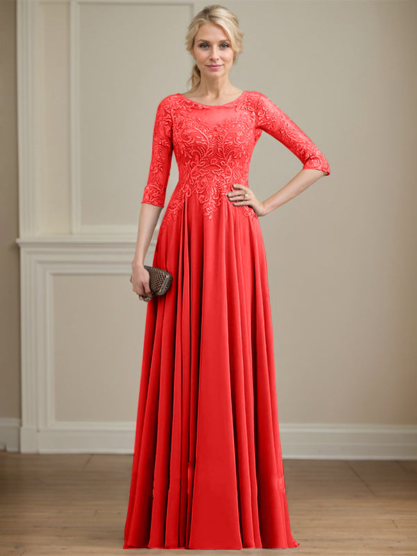 A-line Scoop Illusion Floor-Length Lace Chiffon Mother of the Bride Dress With Sequins
