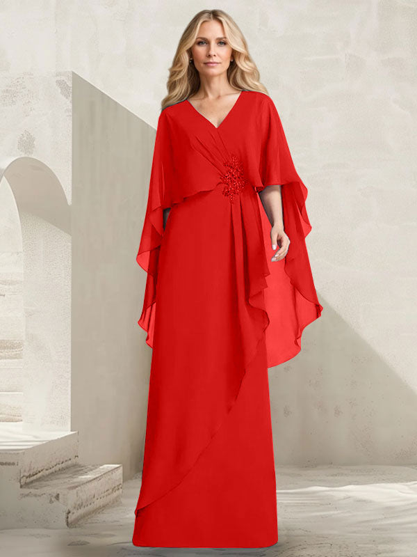 Robe mère de la mariée longue en chiffon coupe trapèze à col en V avec volants en cascade et perles