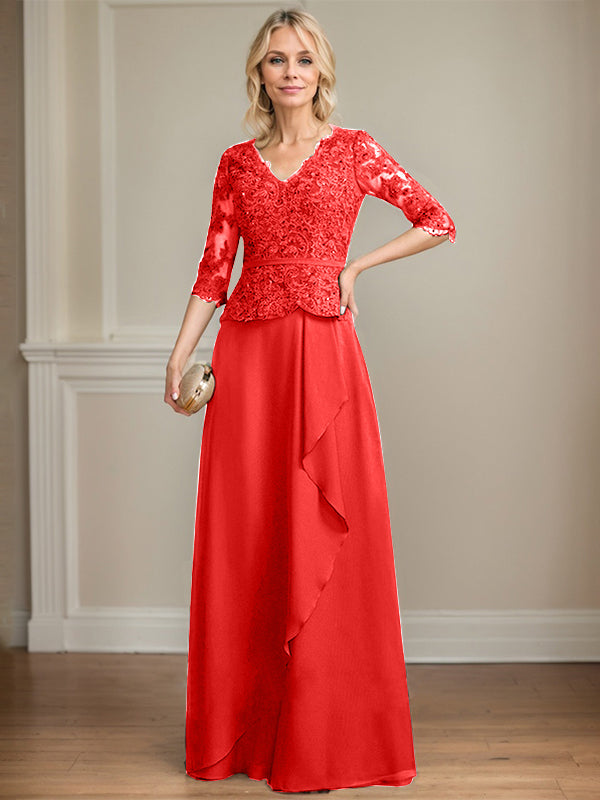 Robe mère de la mariée en dentelle et chiffon, coupe évasée, encolure en V, longue au sol avec volants en cascade et sequins